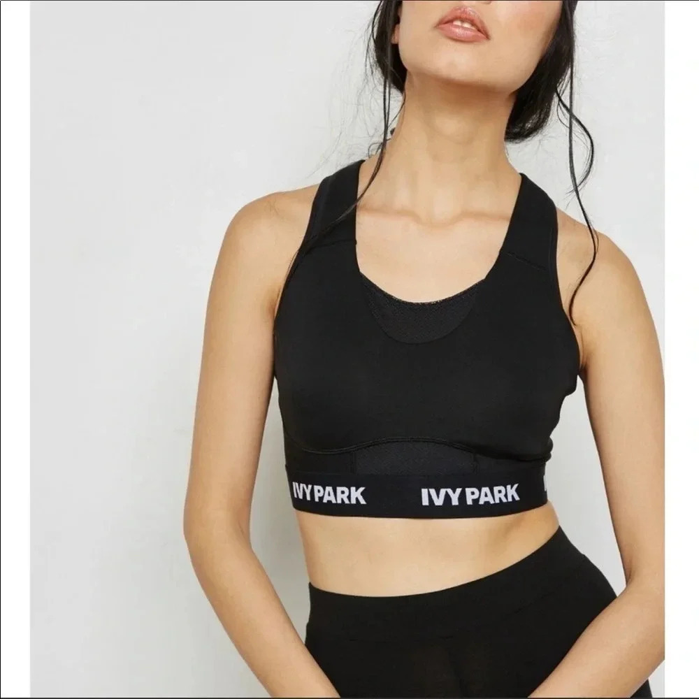 IVY PARK All Black Logo Sports Bra Medium Support Mesh Athletic Yoga XXS